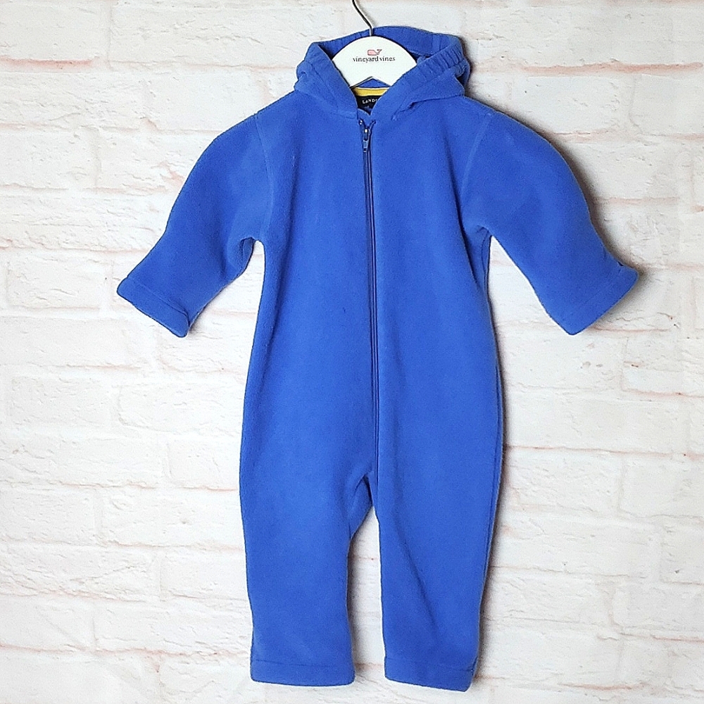 Vintage Lands End blue baby snowsuit toddler fuzzy onesie zip up one piece 18-24